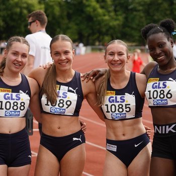 Den Sieg über 4x400 Meter der weiblichen U23 sicherte sich souverän das Quartett von der StG USC Mainz/LC Bingen. Mara Sophie Schmitz, Mia Louisa Schmitz, Linda Zoè Amoikon und Emma Kaul waren in 3:45,72 Minuten nicht zu schlagen (Foto: privat).